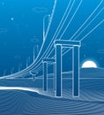 Outline road bridge. Car overpass. Infrastructure illustration. Vector design art. White lines on blue background.